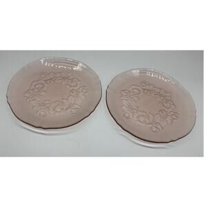 Vintage Pink Pressed Glass Luncheon Plates Set Of 2 Floral Art Deco Tableware